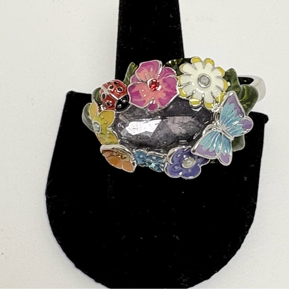 Vintage Avon Enamel Double Ring with Multicolor Accents and Purple Stone - Picture 3 of 10